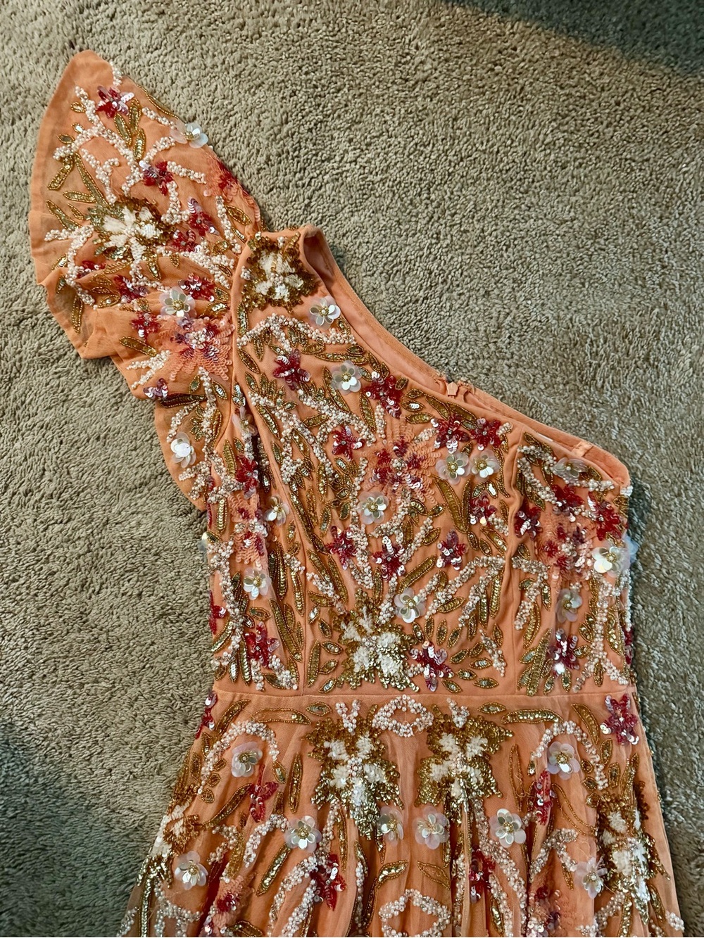 Mac Duggal Orange One-Shoulder Floral Sequin Evening Gown - Picture 2 of 6